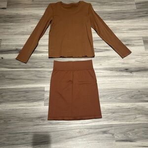 Brown Long Sleeve Top and Skirt Set compression type material